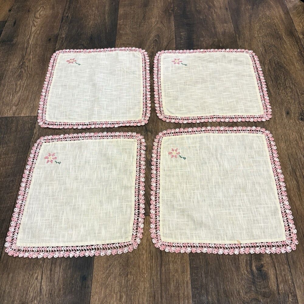 Set of 4 Vintage Handmade Linen Napkins Pink Crochet Trim Embroidered Floral